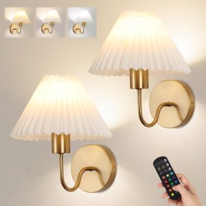 Wireless Wall Sconces Set of 2, Rechargeable Gold Wall Lights with Pleated Shades