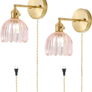 Vintage Plug in Wall Sconces Set of 2, Gold Wall Lights with Pink Shade