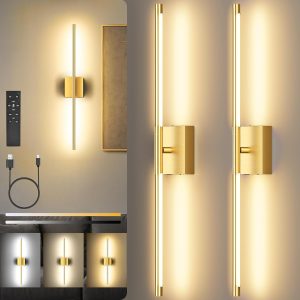 Rechargeable Battery Wall Sconces Set of 2, Dimmable Gold LED Lamps with Remote, 29 Inch