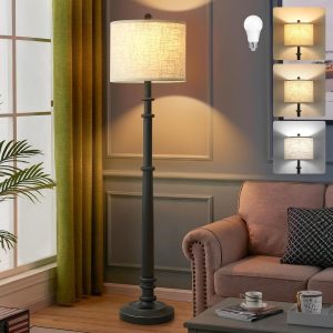 60" Farmhouse Floor Lamp, Adjustable Color Temperature, Linen Shade, Black