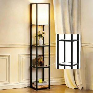 Floor Lamp with Shelf, Wooden Stand, White Lampshade, Modern Standing Lamp