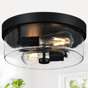 Black Flush Mount Ceiling Light, 2-Light Farmhouse Fixture with Seeded Glass