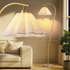 Floor Lamp with Pleated Linen Shade, Modern Gold Standing Lamp, 66.1"