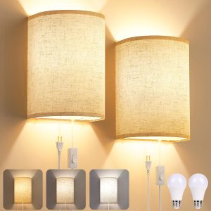 Plug in Wall Sconces Set of 2, Fabric Linen Wall Lights with On/Off Switch